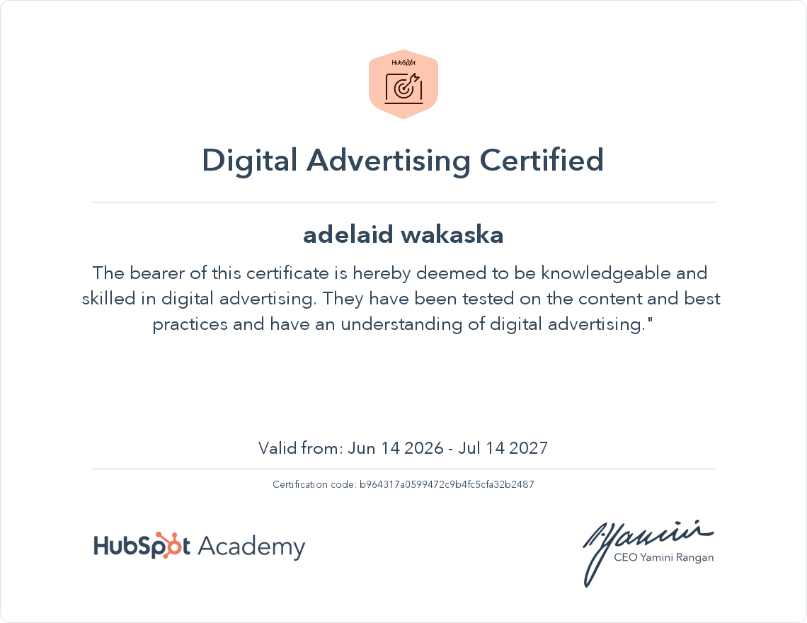Digital Advertising Certified - Adelaid Wakaska